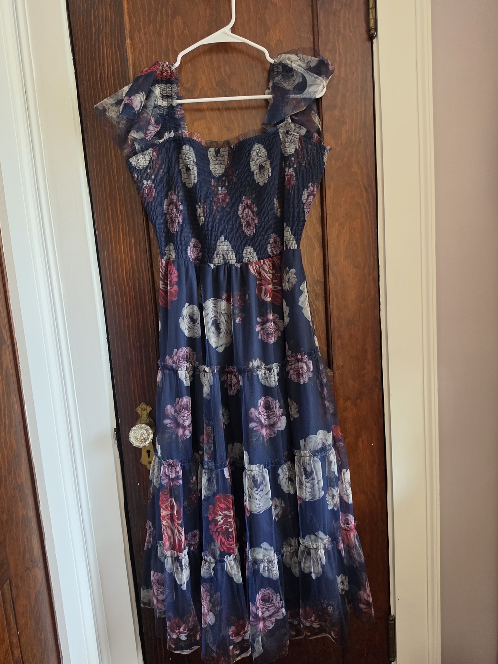 Baltic Born Navy Floral Tiered Dress with Pink & Cream Roses